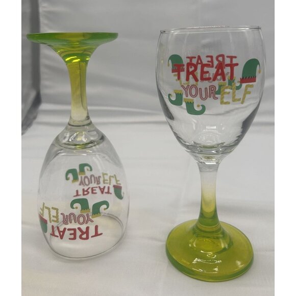 Cristar Set-2 "Treat Your Elf" Holiday Wine Glasses With Green Ombre Stems - Picture 4 of 4